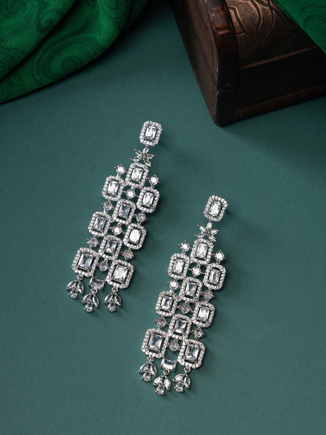 

justpeachy Rhodium-Plated American Diamond Classic Drop Earrings, Silver