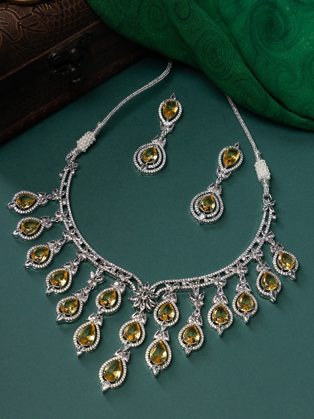 

justpeachy Rhodium-Plated AD-Studded Jewellery Set, Silver