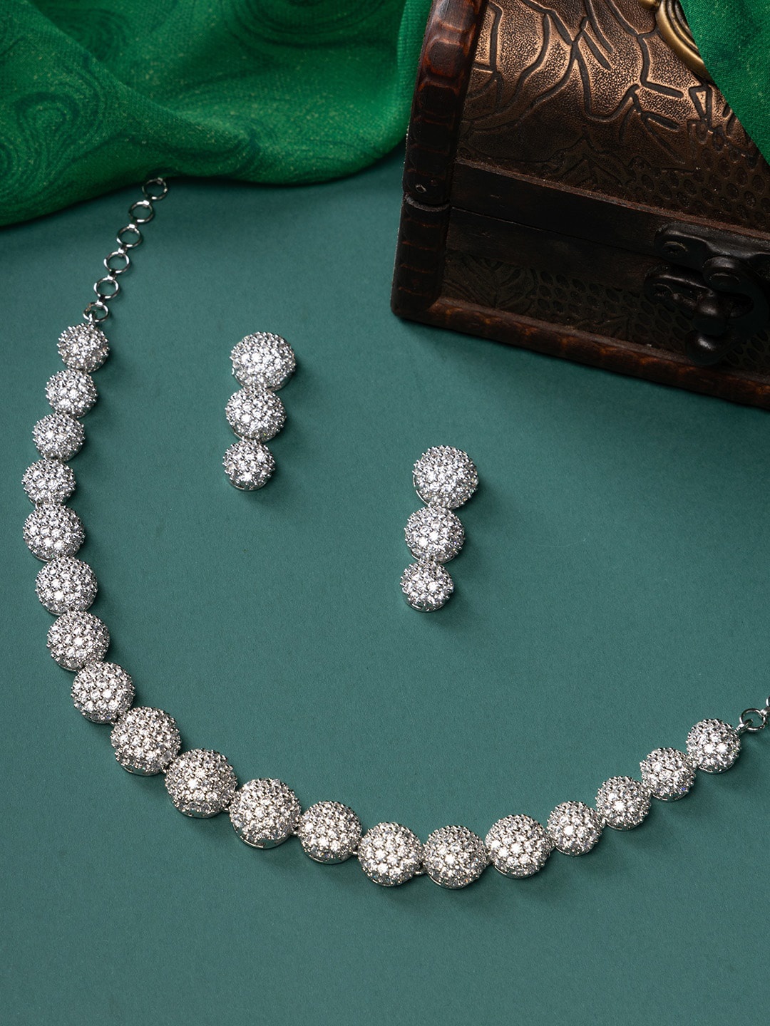 

justpeachy Rhodium-Plated AD-Studded Jewellery Set, Silver