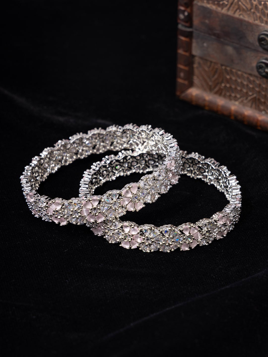 

justpeachy Rhodium-Plated American Diamond Studded Bangles, Silver