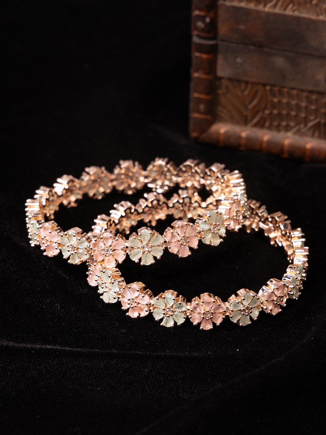 

justpeachy Set Of 2 Rose Gold-Plated American Diamond Studded Bangles