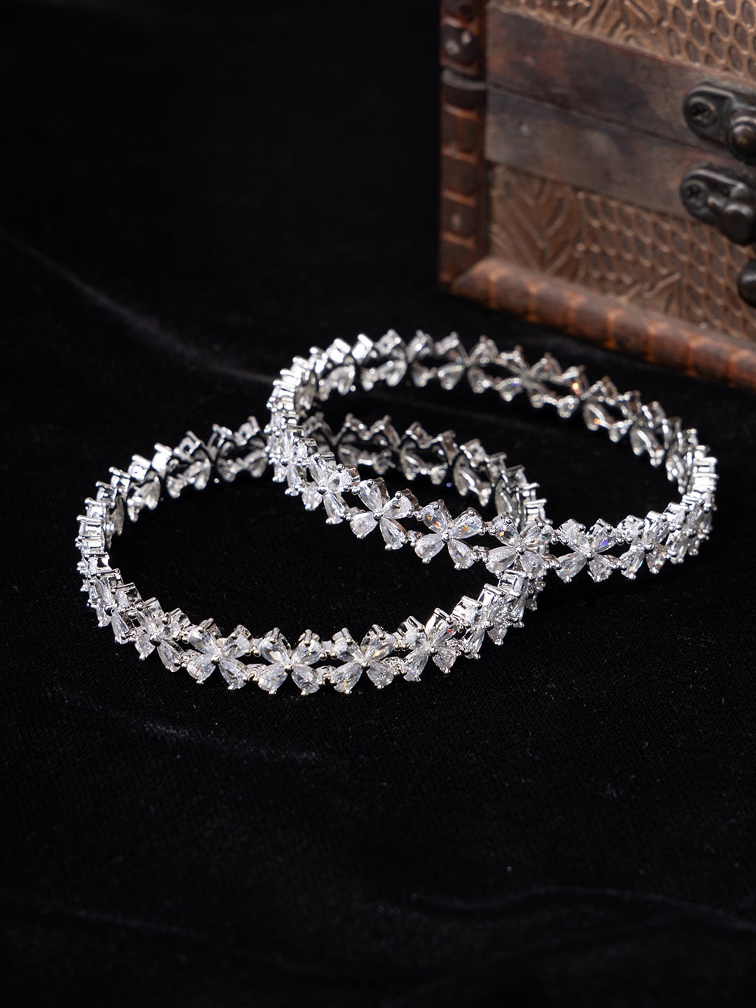 

justpeachy Set Of 2 Rhodium-Plated American Diamond-Studded Bangles, Silver