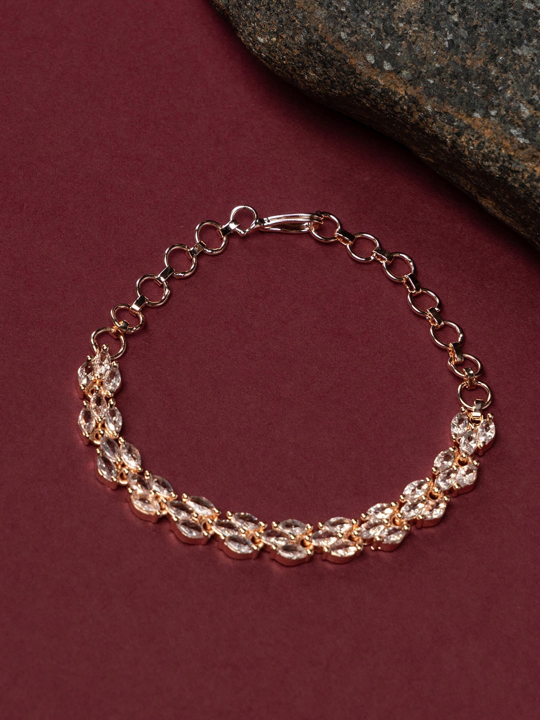 

justpeachy Women Rose Gold-Plated Brass American Diamond Link Bracelet