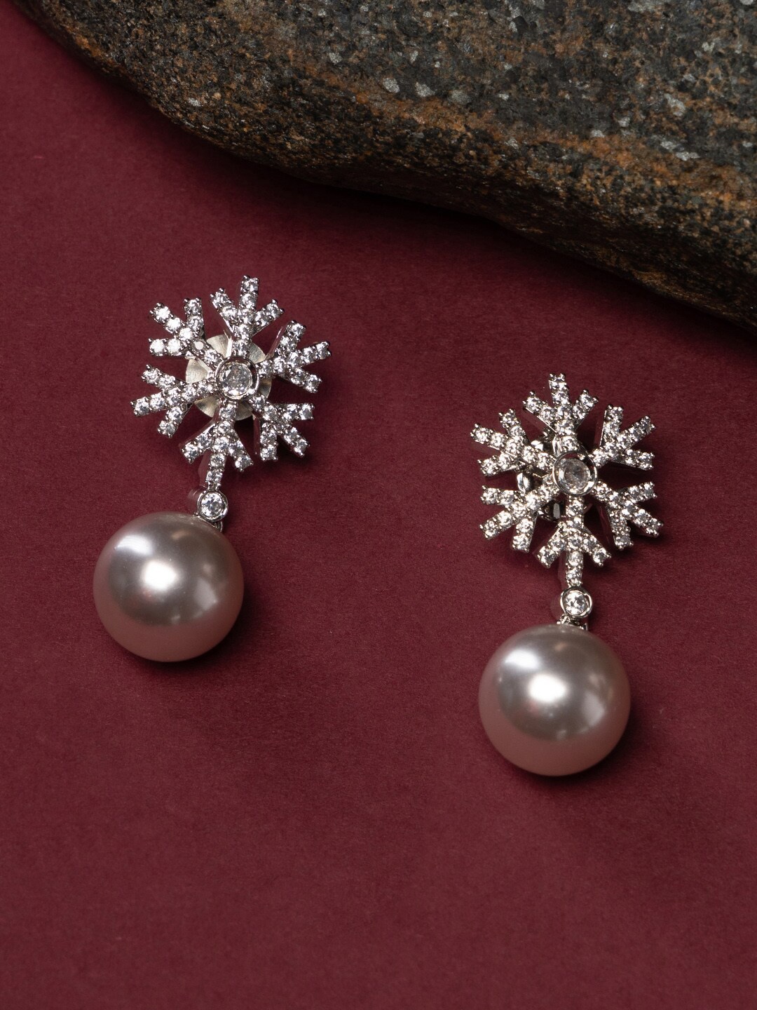 

justpeachy Rhodium-Plated Stone-Studded Drop Earrings, Silver