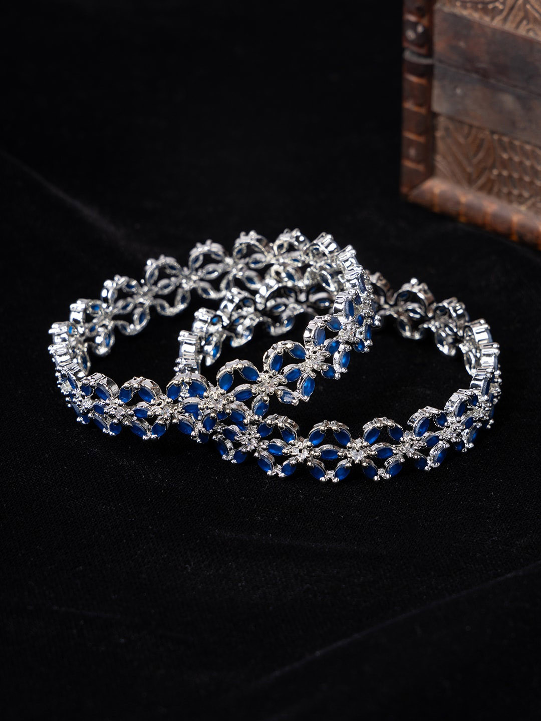 

justpeachy Set Of 2 Rhodium-Plated American Diamond Studded Bangles, Silver