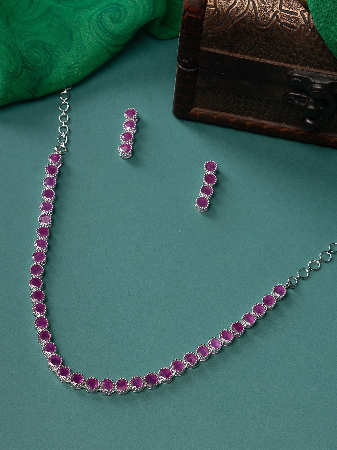 

justpeachy Rhodium-Plated AD-Studded Necklace & Earrings, Silver