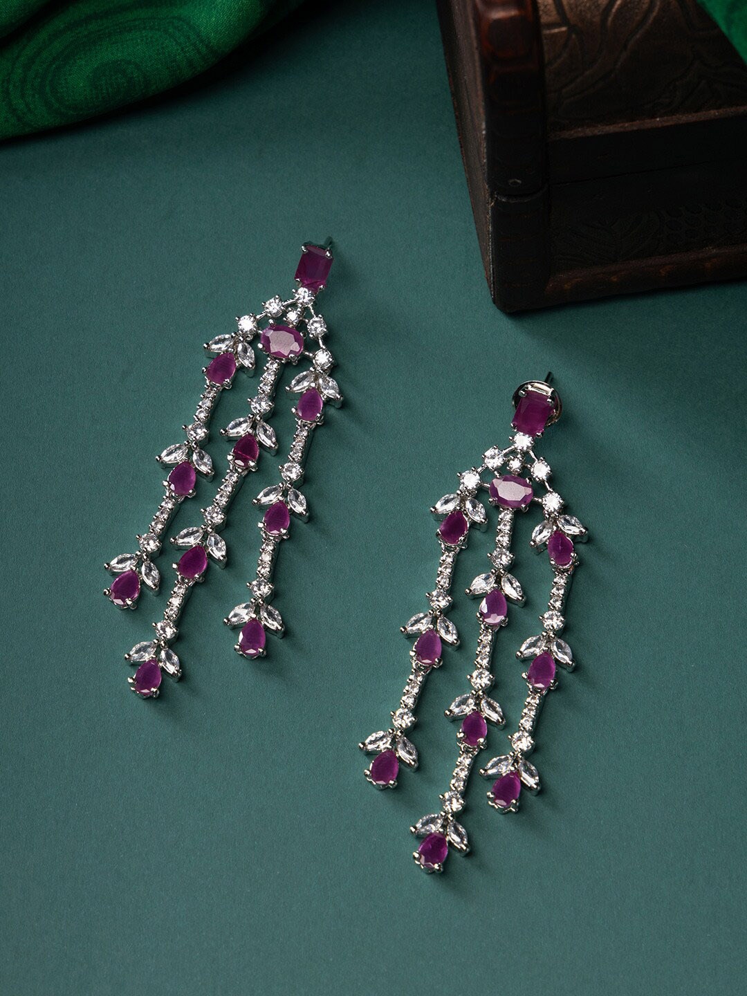 

justpeachy Rhodium-Plated American Diamond Drop Earrings, Pink