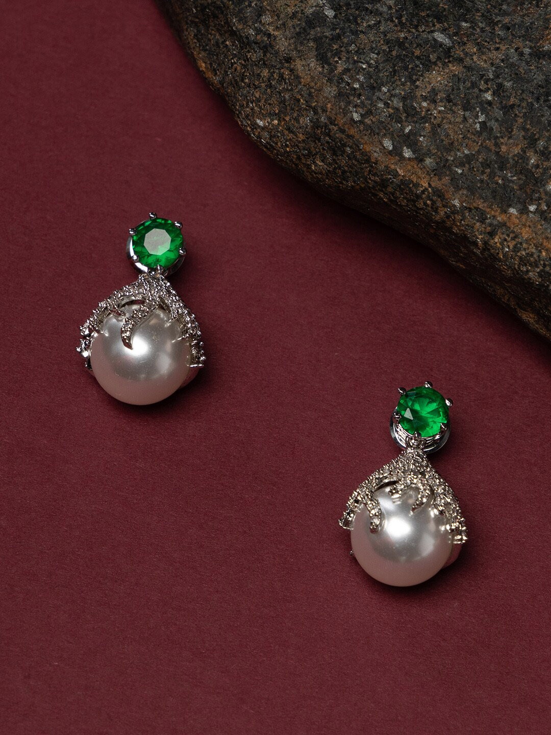 

justpeachy Rhodium-Plated Pearls Geometric Drop Earrings, Silver