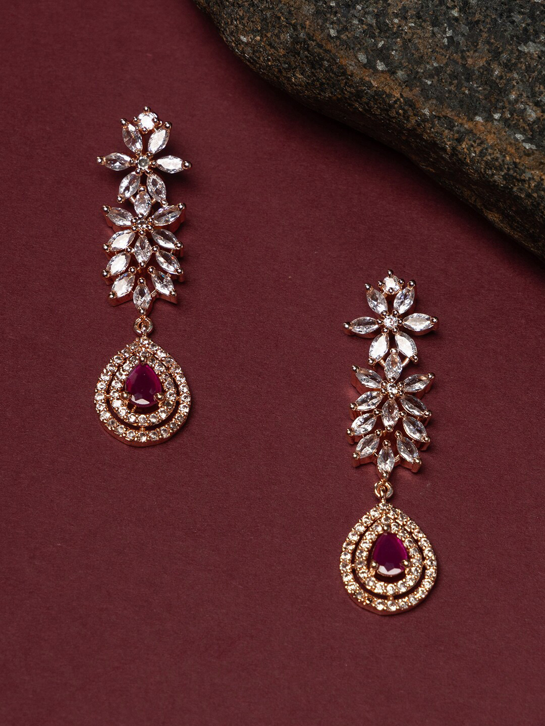 

justpeachy Rose Gold-Plated American Diamond-Studded Teardrop Shaped Drop Earrings