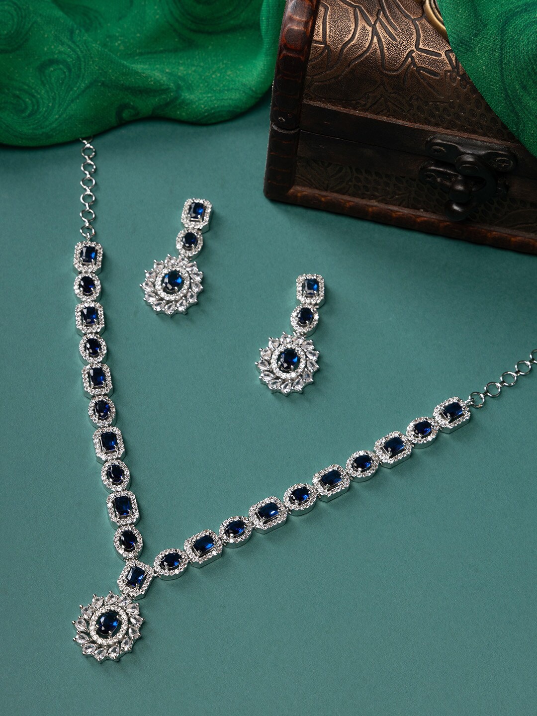 

justpeachy Rhodium-Plated AD-Studded Jewellery Set, Silver