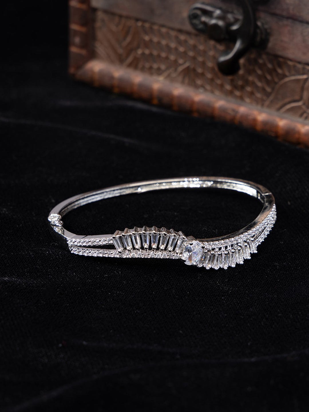 

justpeachy Rhodium-Plated Brass American Diamond Bangle-Style Bracelet, Silver