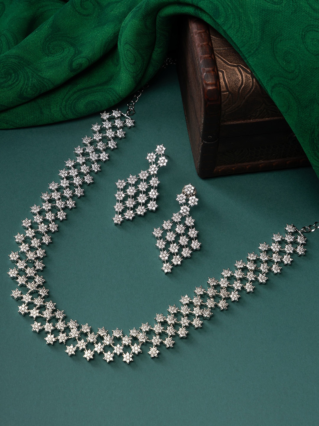 

justpeachy Rhodium-Plated AD-Studded Jewellery Set, Silver
