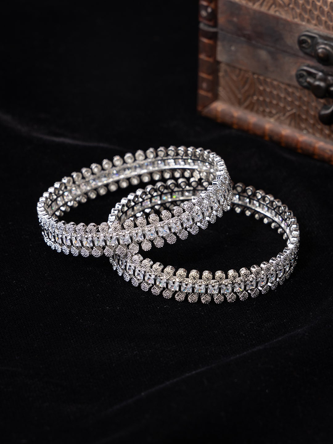

justpeachy Set Of 2 Rhodium-Plated American Diamond Studded Bangles, Silver