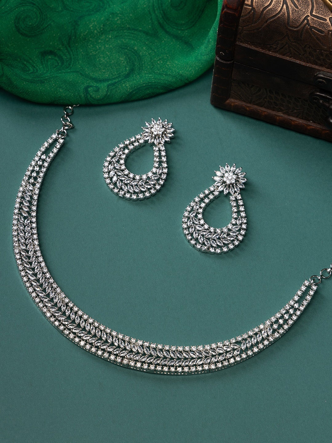 

justpeachy Rhodium-Plated American Diamond-Studded Necklace & Earrings, Silver