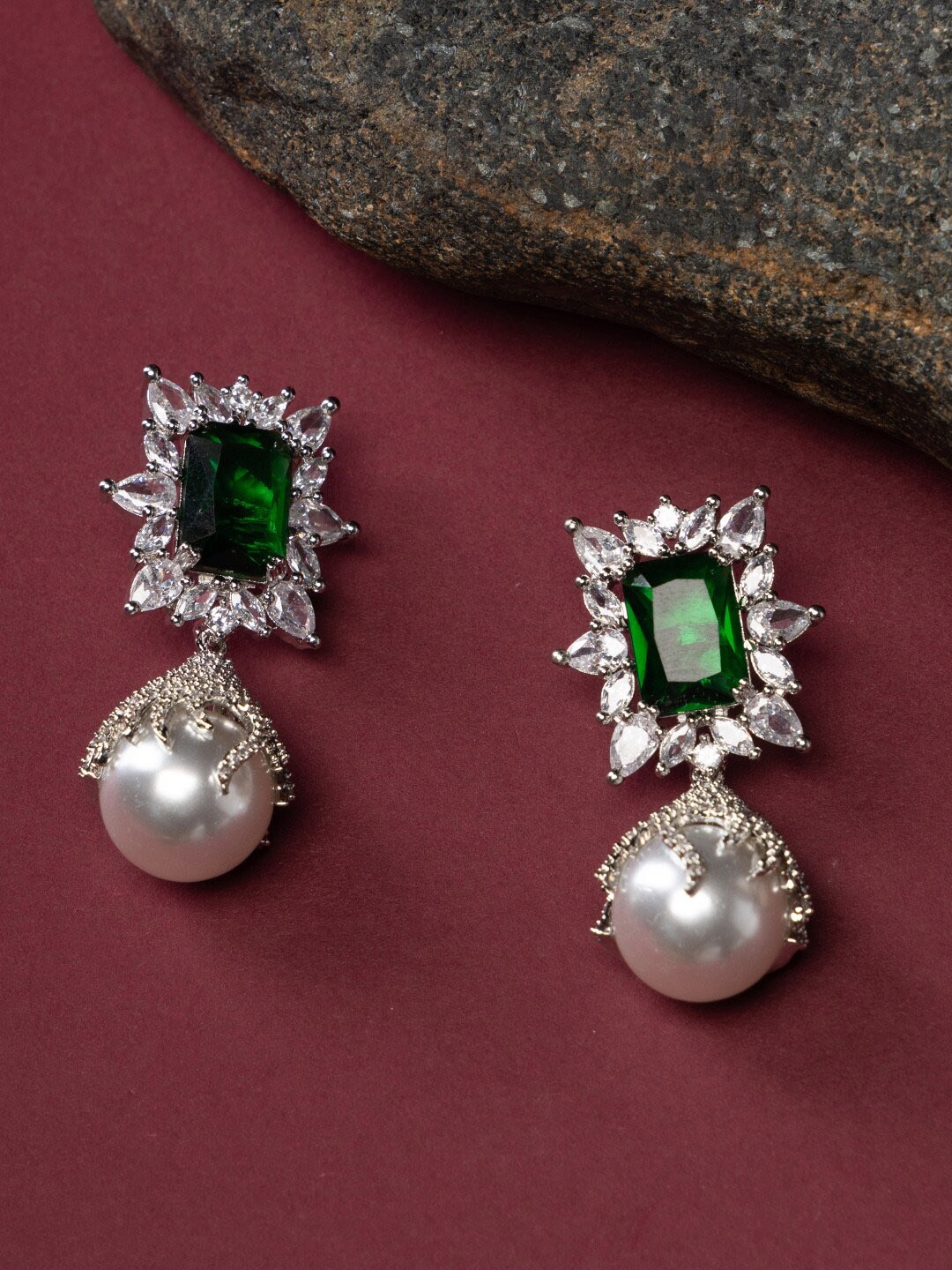 

justpeachy Rhodium-Plated American Diamond Studded Drop Earrings, Green