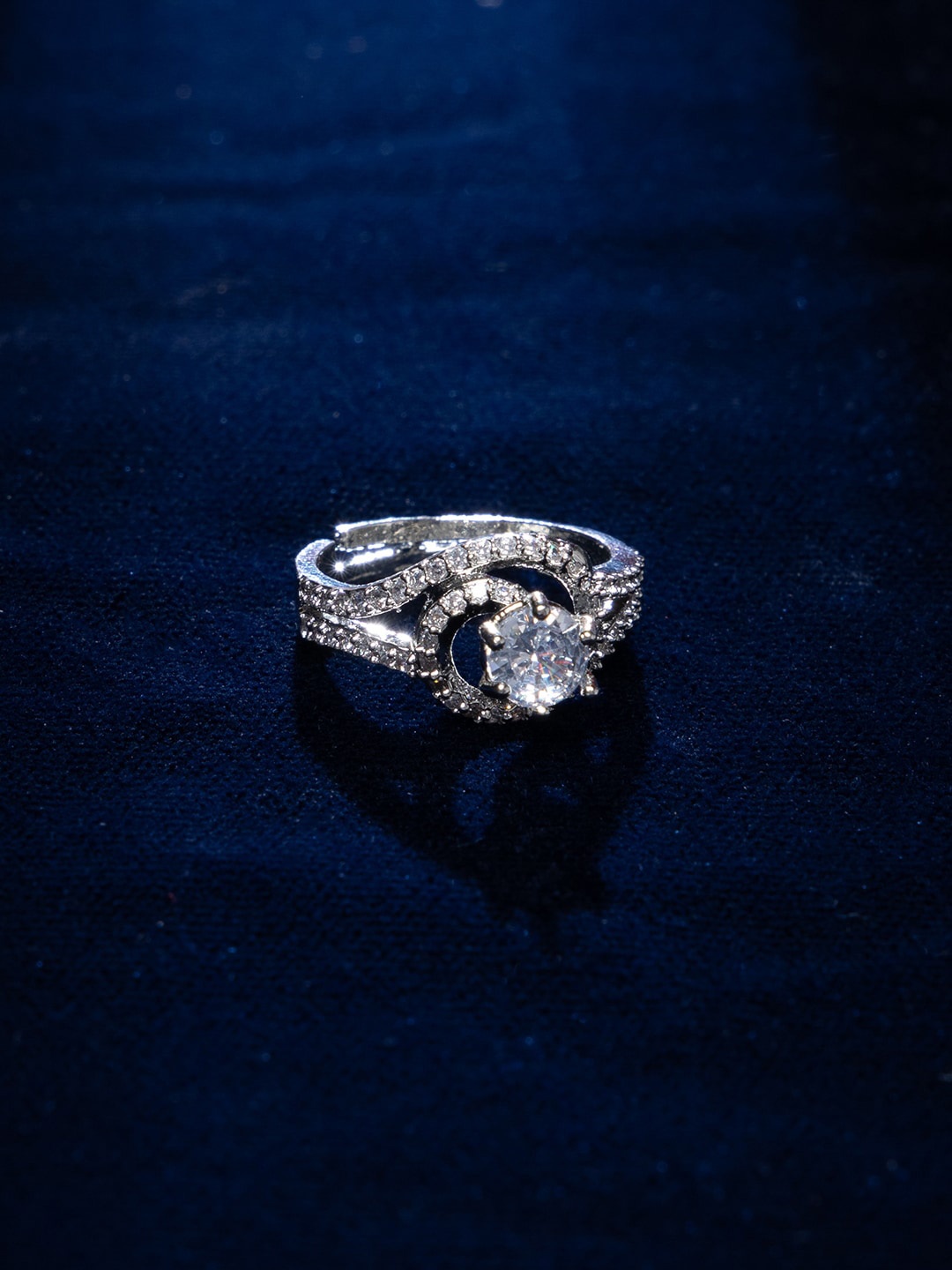 

justpeachy Rhodium Plated American Diamond Studded Finger Ring, Silver