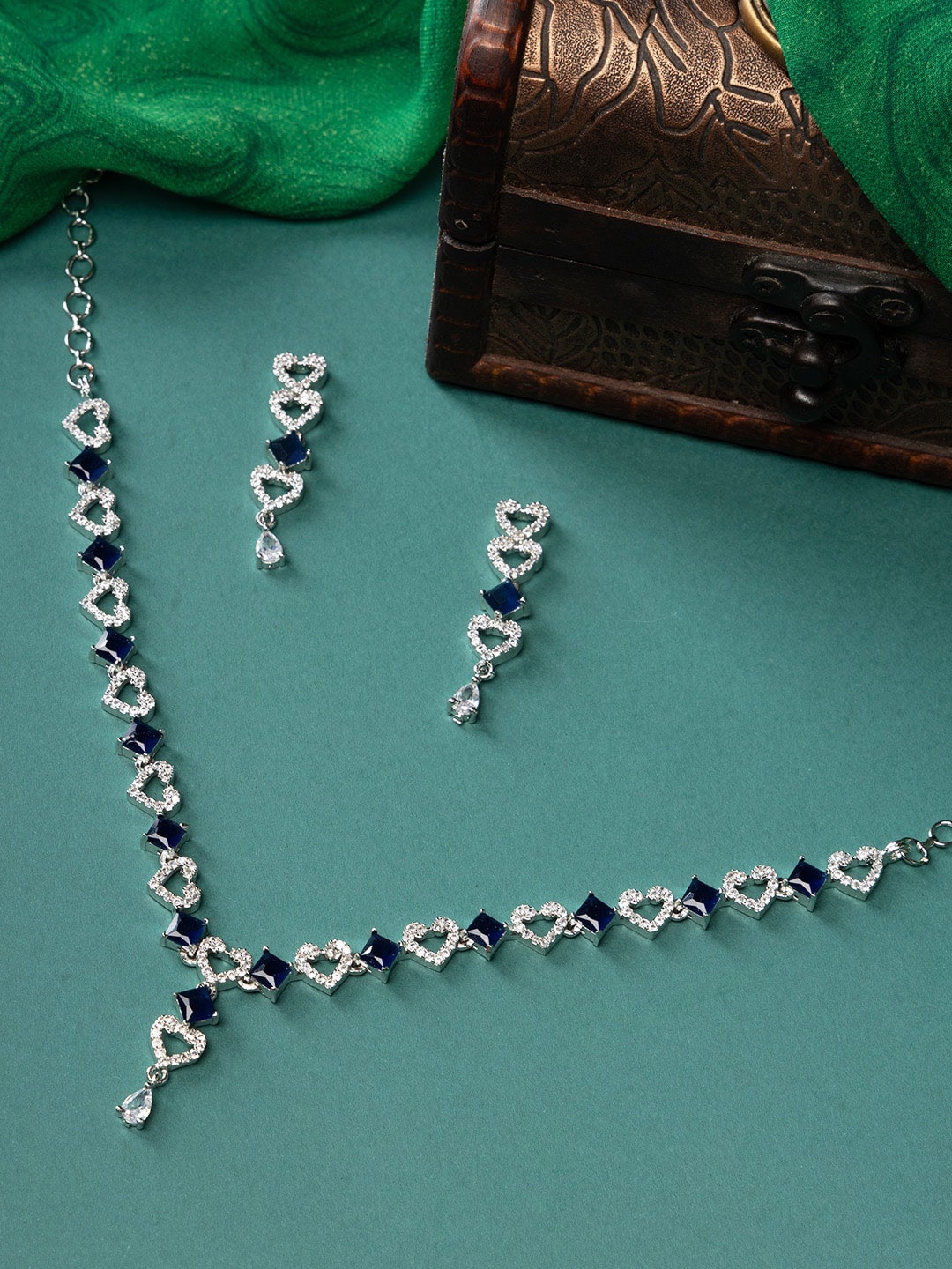 

justpeachy Rhodium-Plated American Diamond-Studded Necklace & Earrings, Silver