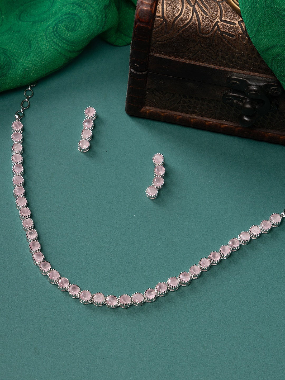 

justpeachy Rhodium-Plated AD-Studded Necklace & Earrings, Silver