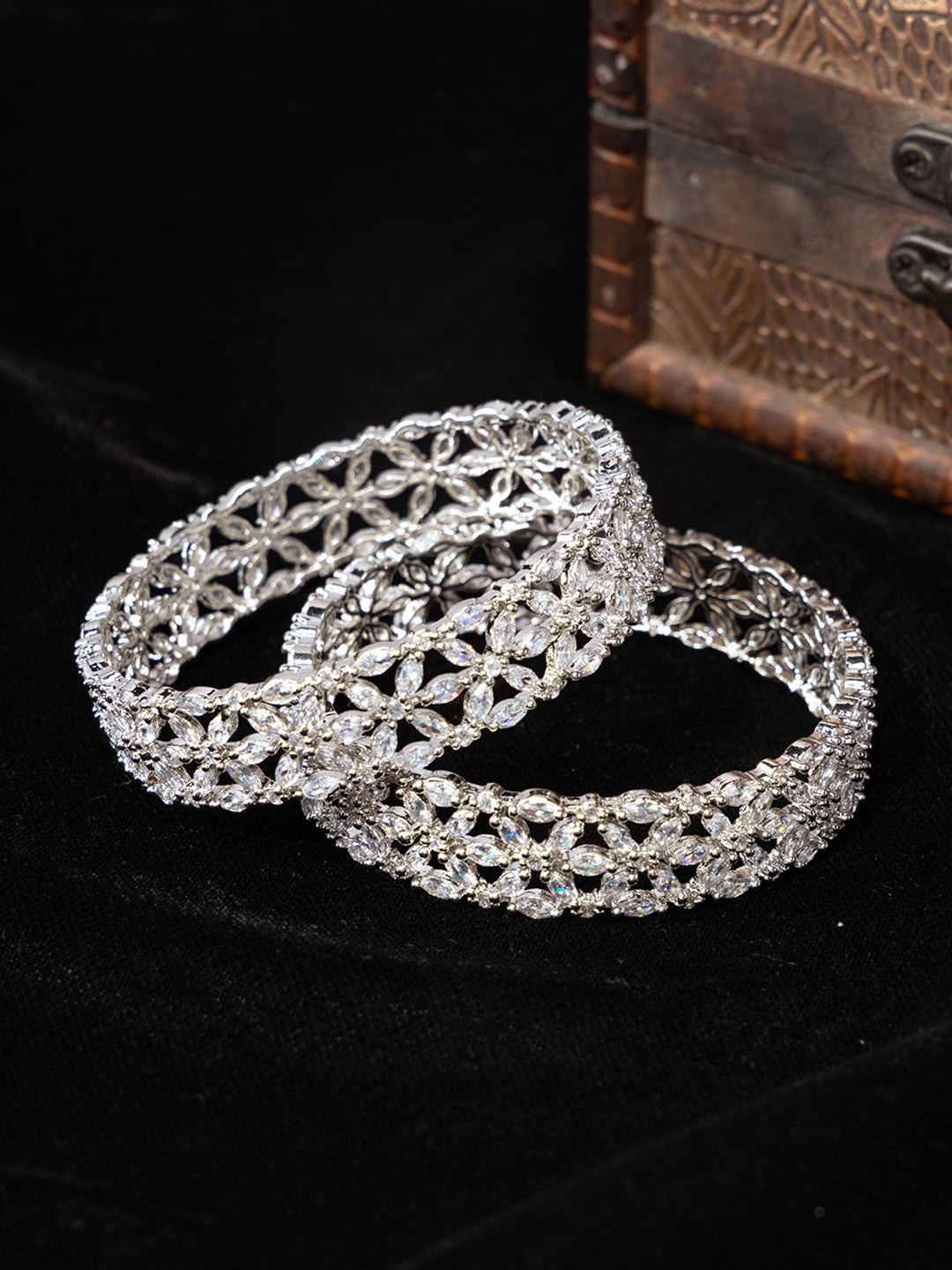 

justpeachy Set Of 2 Rhodium-Plated American Diamond Studded Bangles, Silver
