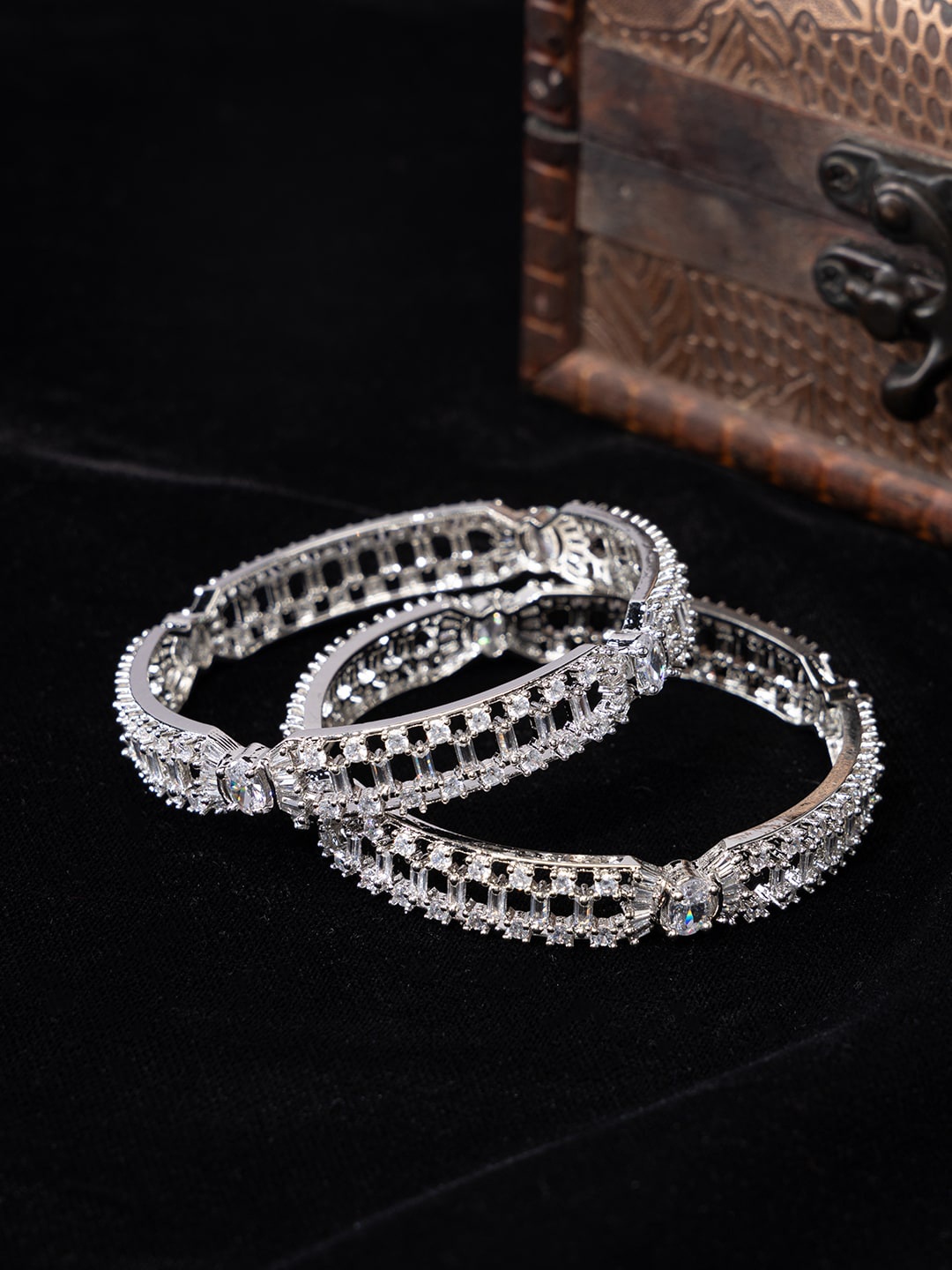 

justpeachy Set Of 2 Rhodium-Plated American Diamond Studded Bangles, Silver