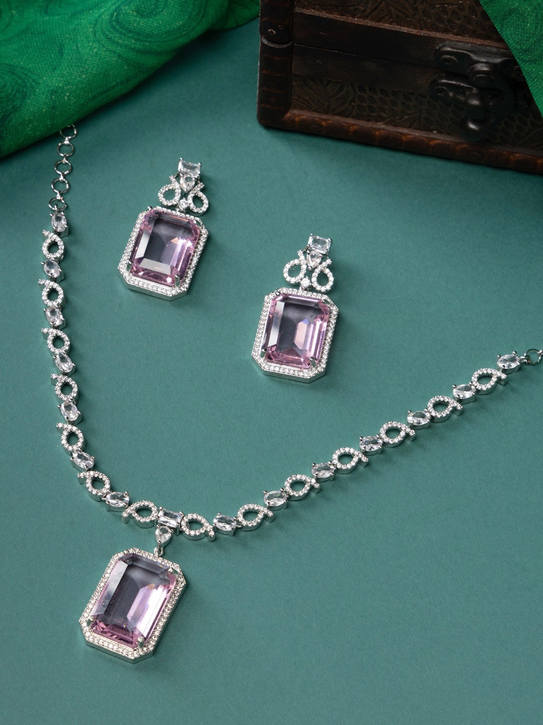

justpeachy Rhodium-Plated American Diamond-Studded Necklace & Earrings, Silver