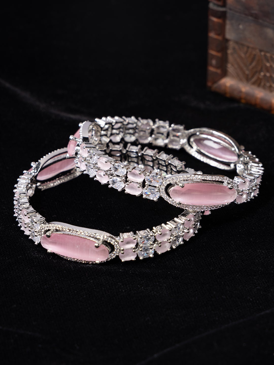 

justpeachy Set Of 2 Rhodium-Plated American Diamond Studded Bangles, Silver