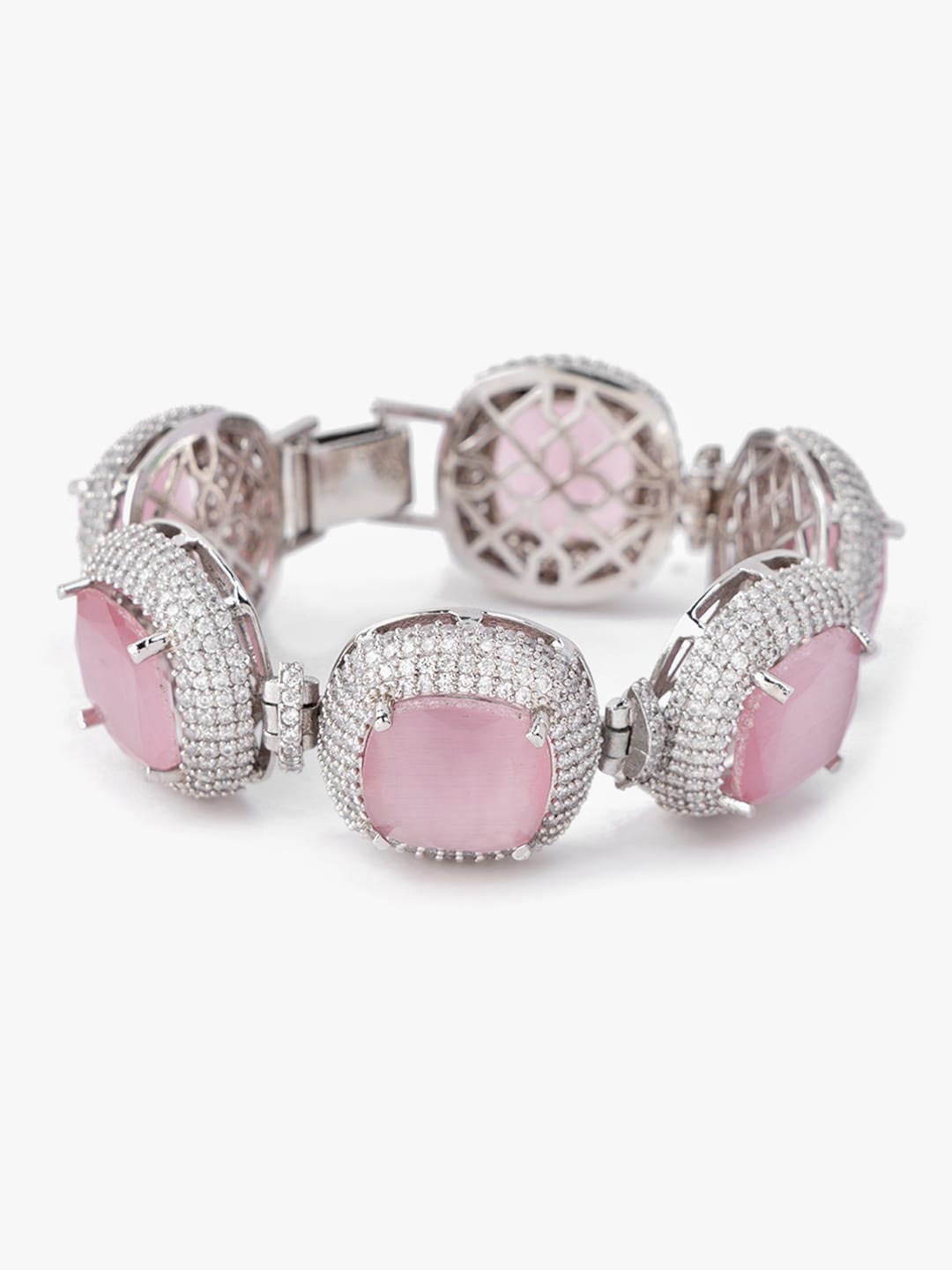 

justpeachy Rhodium-Plated Brass American Diamond Link Bracelet, Pink