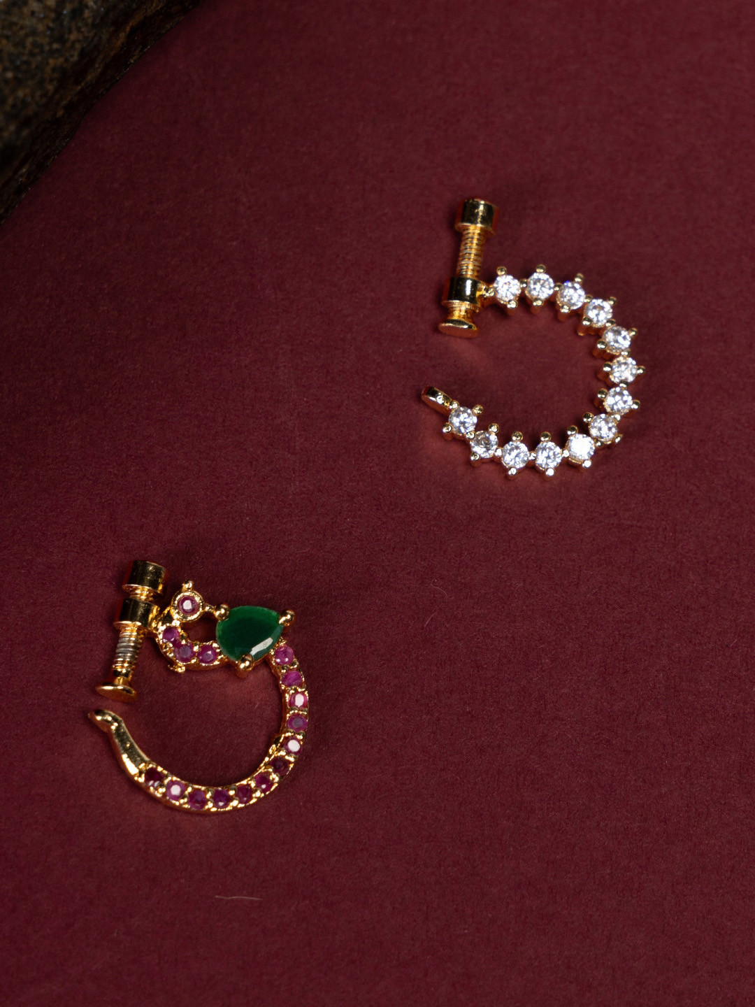

justpeachy Set Of 2 Gold-Plated & American Diamond Studded Nosepin