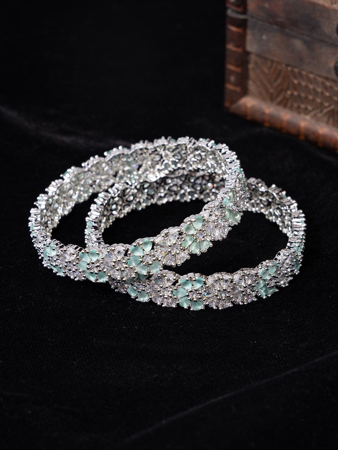 

justpeachy Set Of 2 Rhodium-Plated American Diamond Studded Bangles, Silver