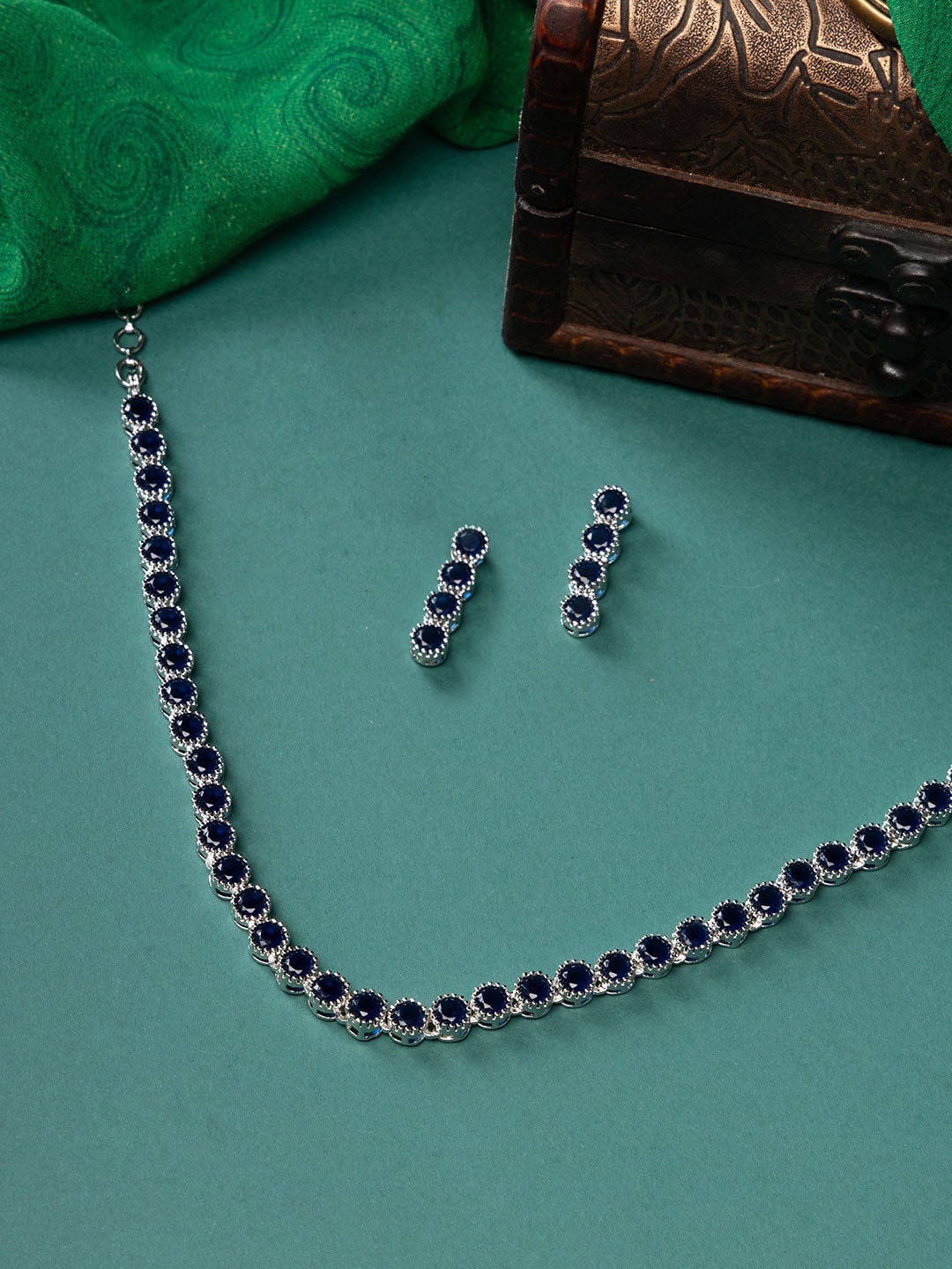 

justpeachy Rhodium-Plated AD-Studded Necklace & Earrings, Silver