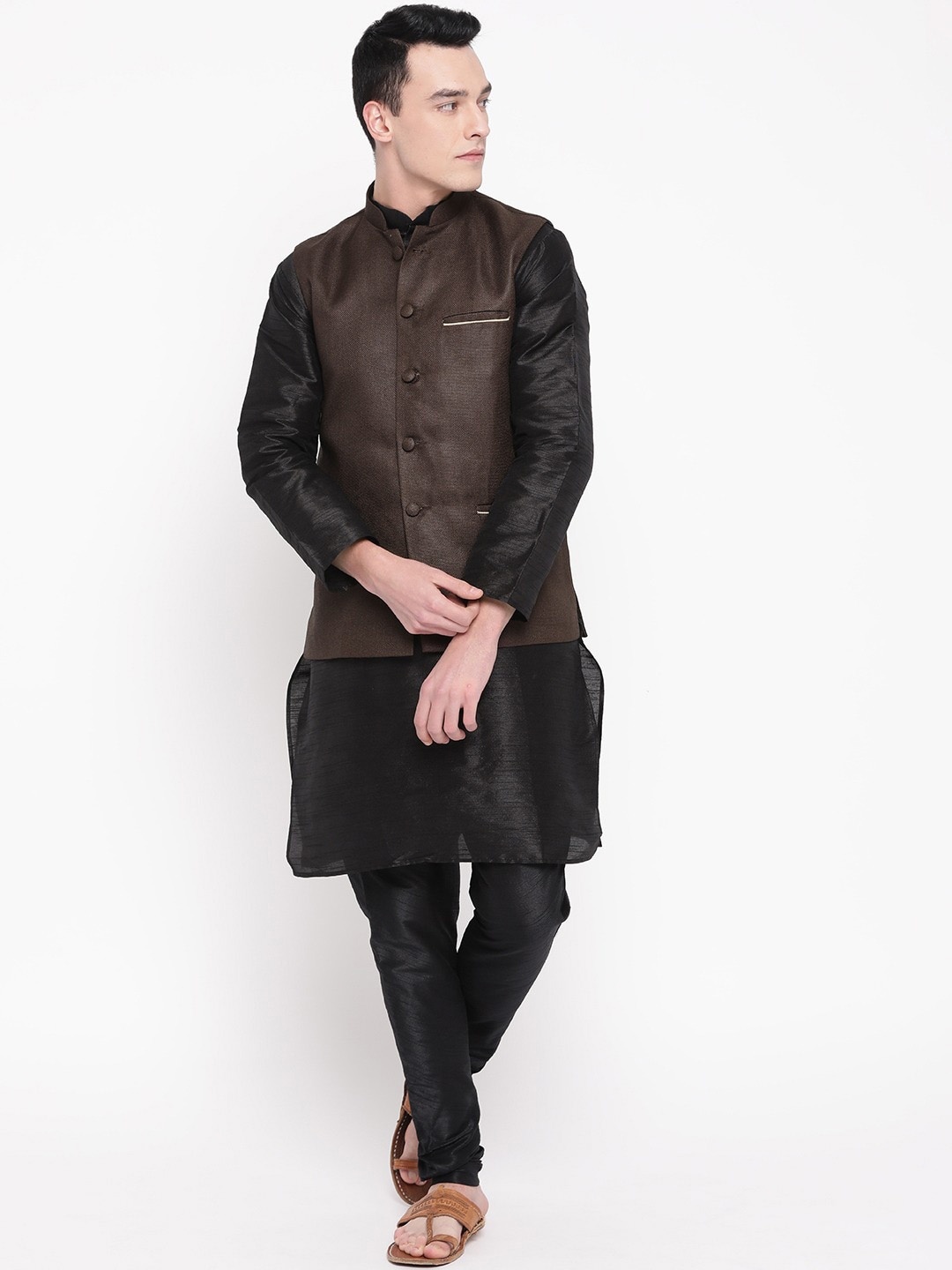 

MAG Regular Kurta With Churidar & Nehru Jacket, Black