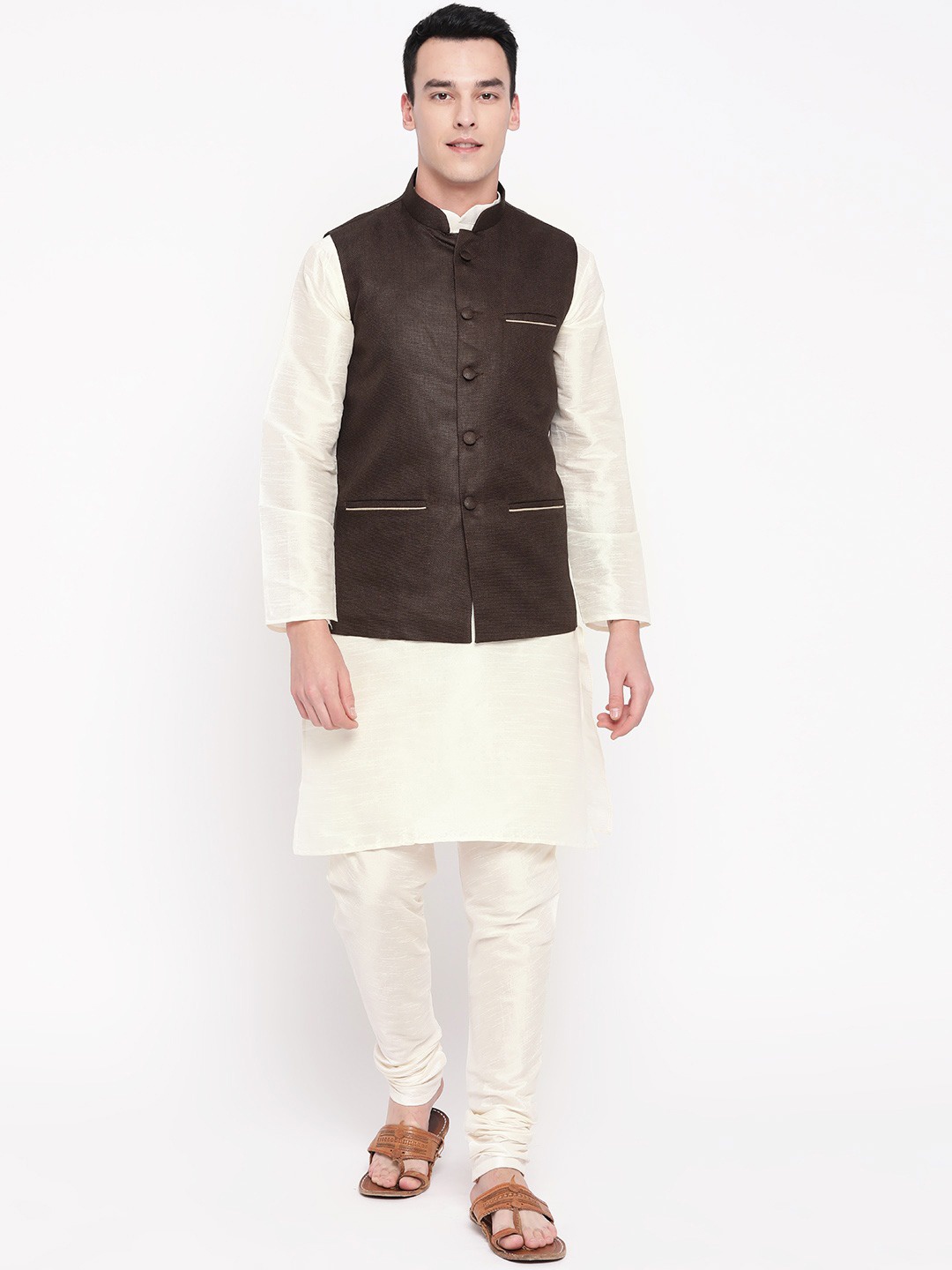 

MAG Regular Dupion Silk Kurta & Churidar With Waistcoat, Off white
