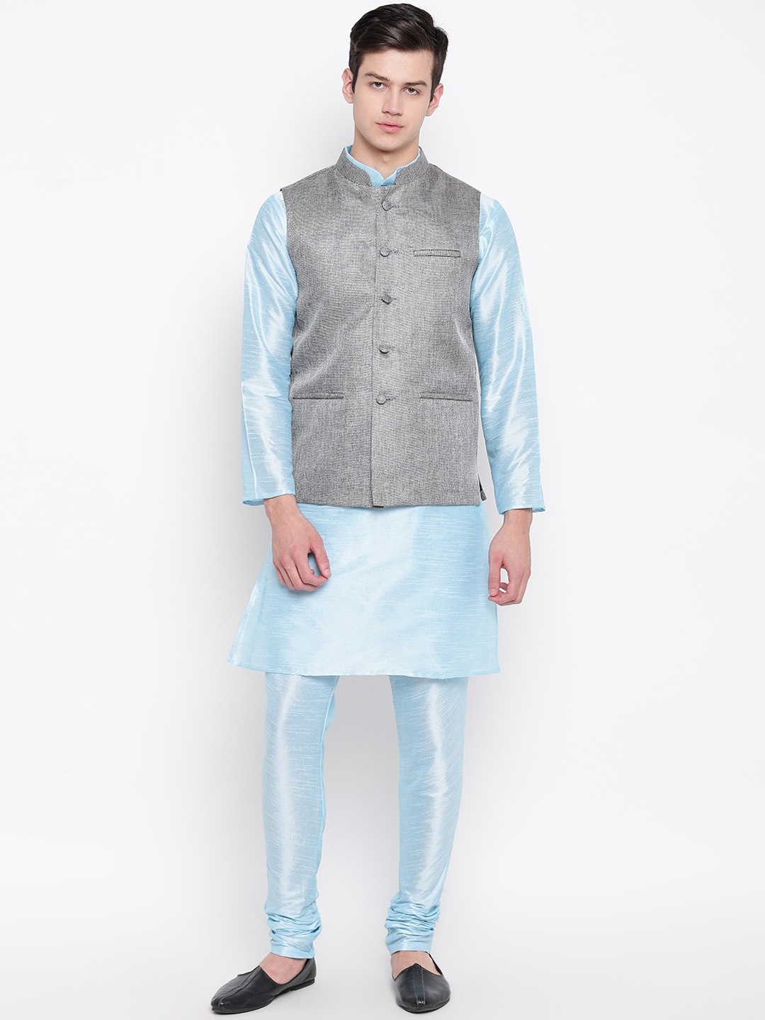 

MAG Mandarin Collar Regular Dupion Silk Kurta with Churidar & Nehru Jacket, Blue