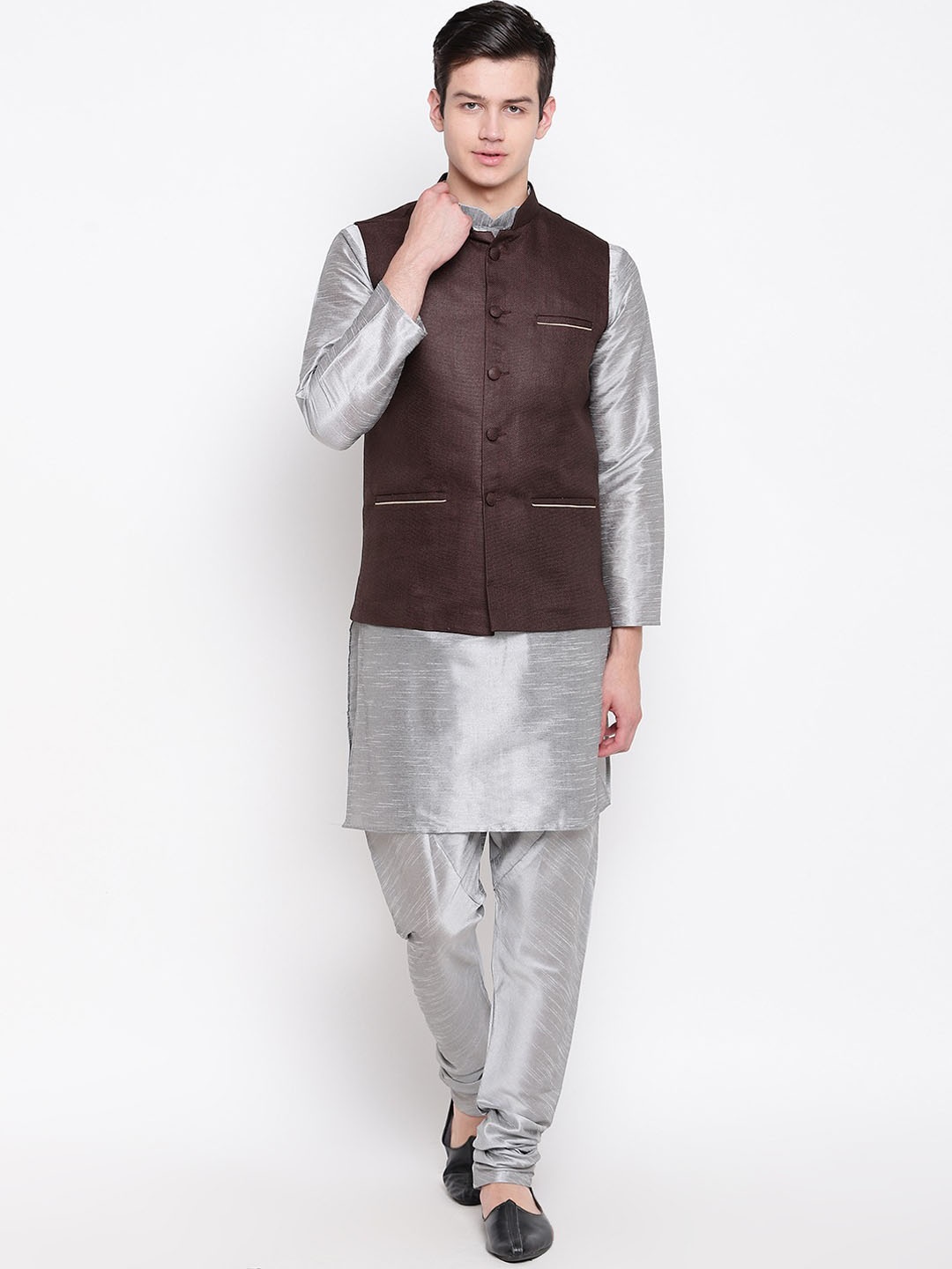 

MAG Regular Dupion Silk Kurta & Churidar With Waistcoat, Silver