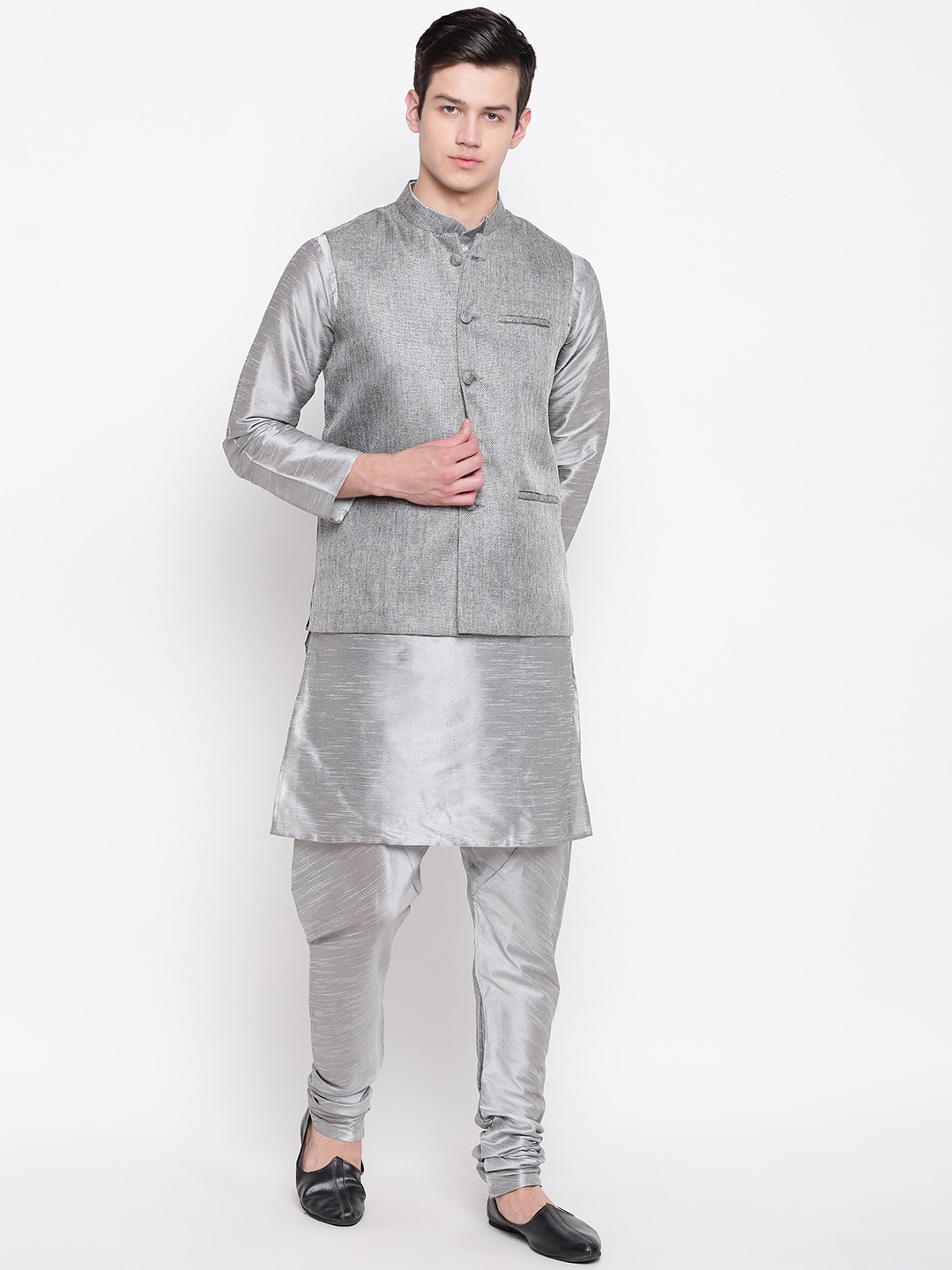 

MAG Men Silver-Toned Regular Dupion Silk Kurta with Churidar