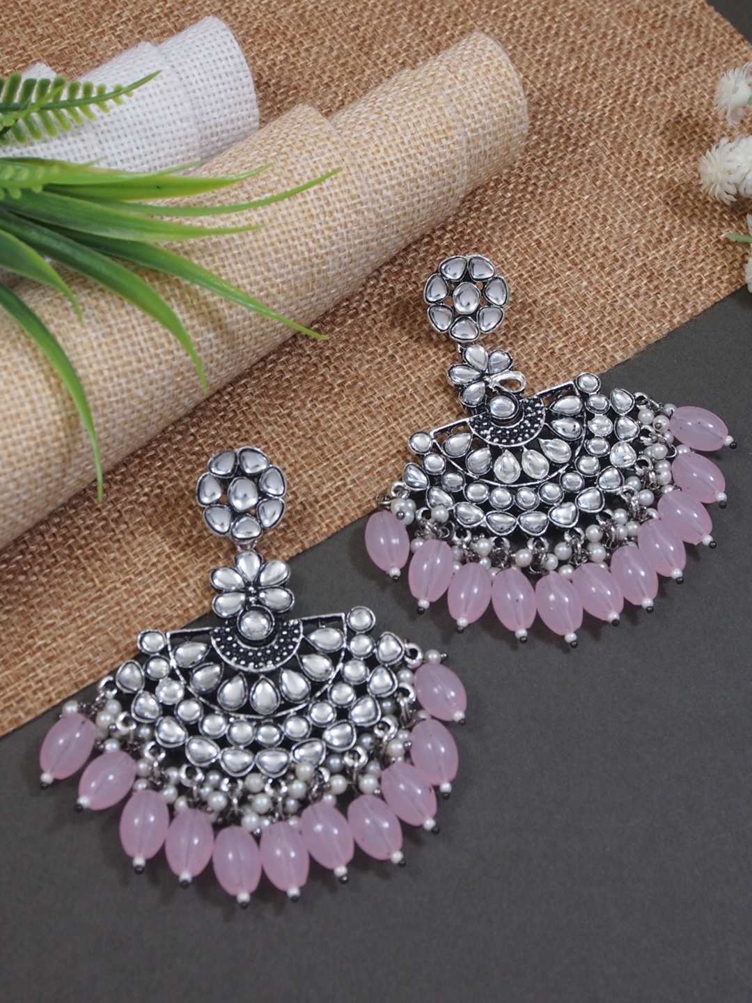 

I Jewels Silver-Plated Contemporary Kundan Studded & Beaded Chandbalis
