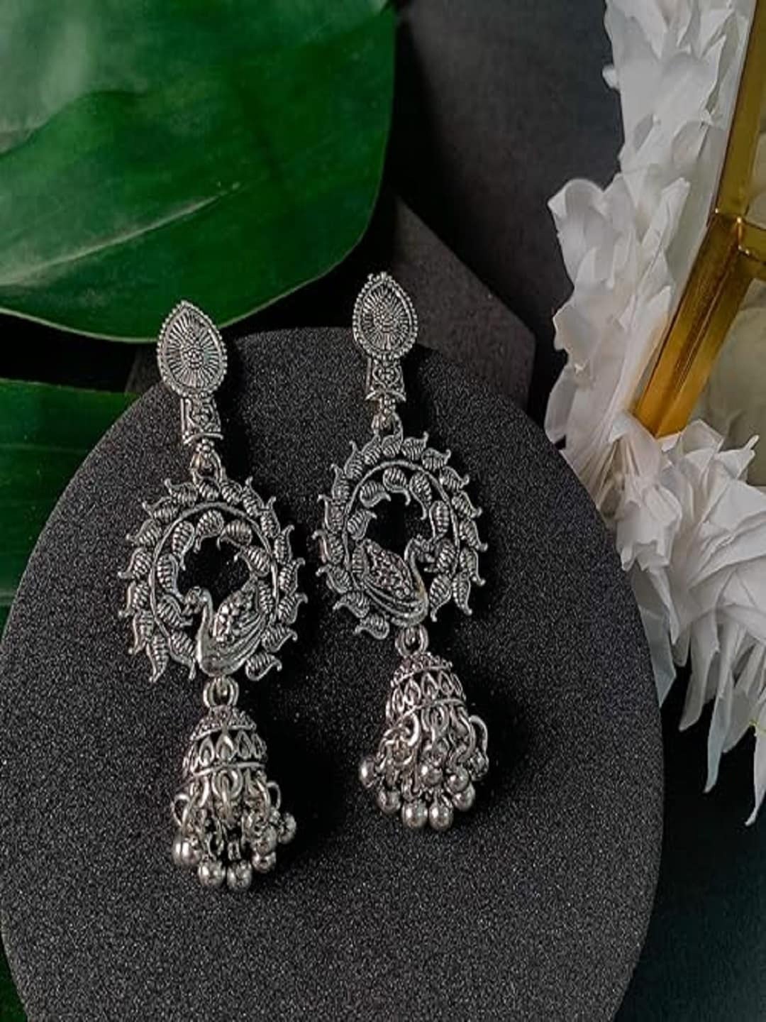 

I Jewels Silver-Plated Contemporary Oxidised Jhumkas