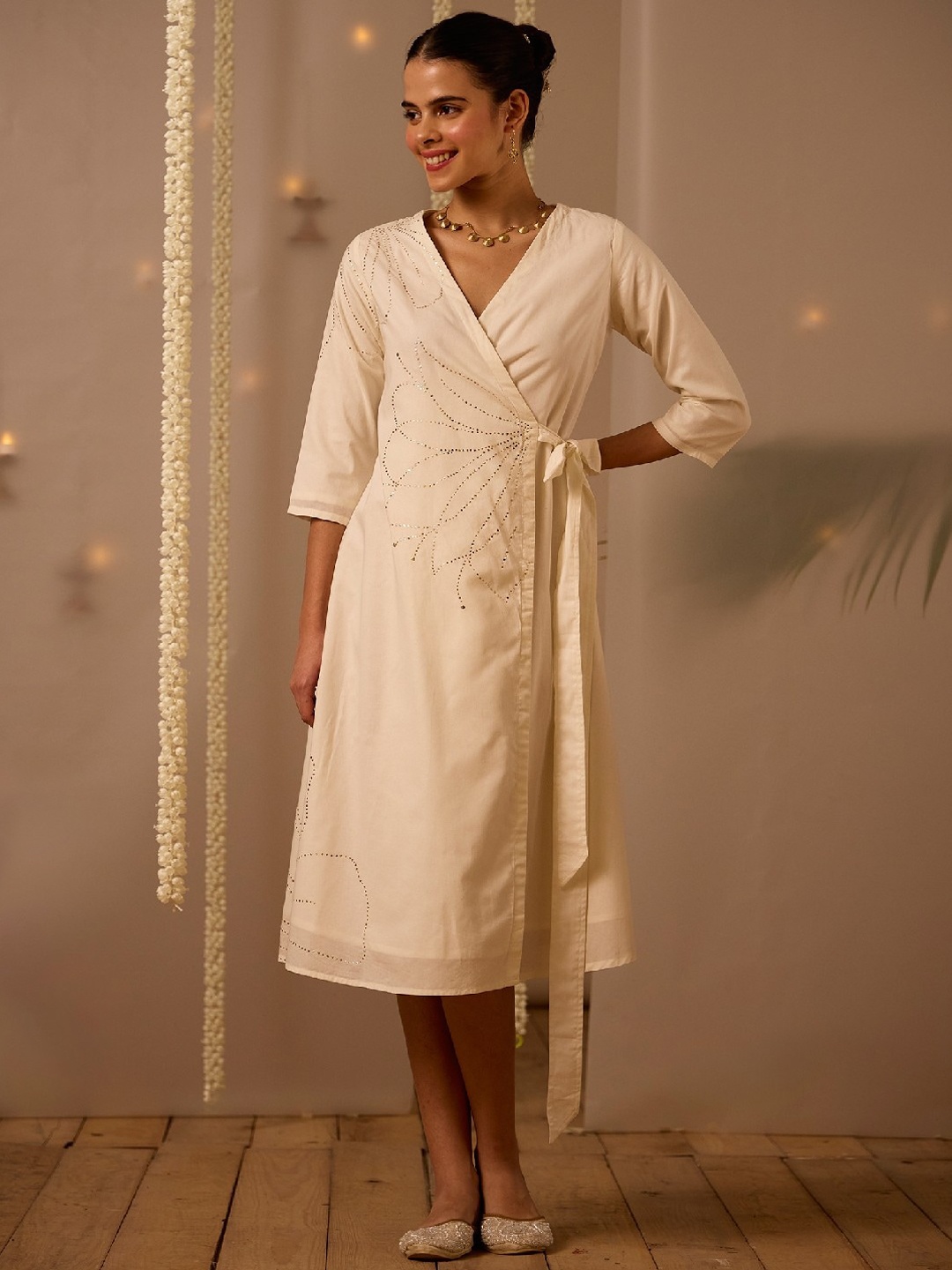 

OKHAI Embroidered V-Neck Cotton Wrap Midi Ethnic Dress, White