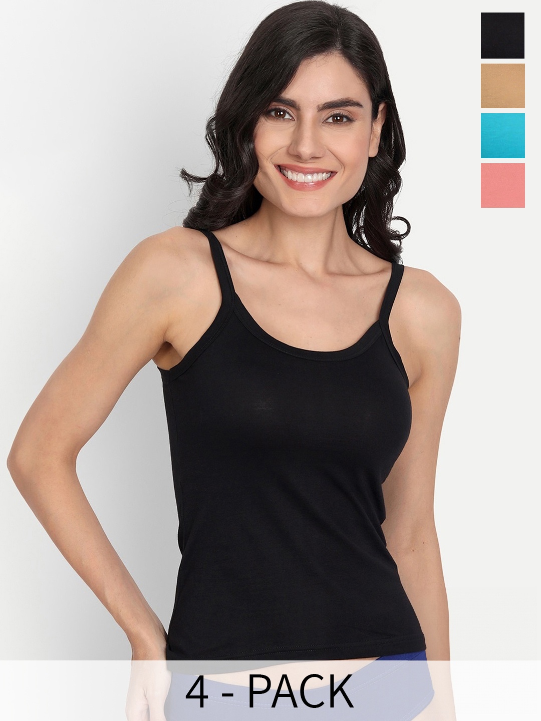 

T.T. Women Pack Of 4 Pearl Pure Cotton Camisoles, Black