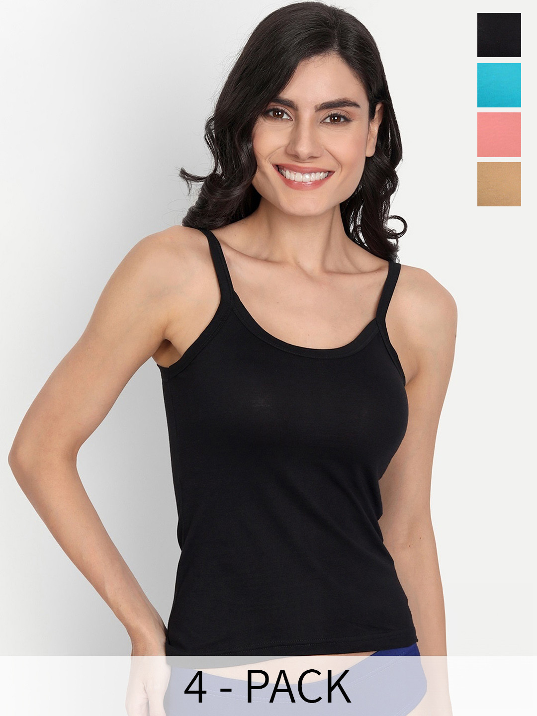 

T.T. Pearl Pack Of 4 Pure Cotton Camisoles, Black