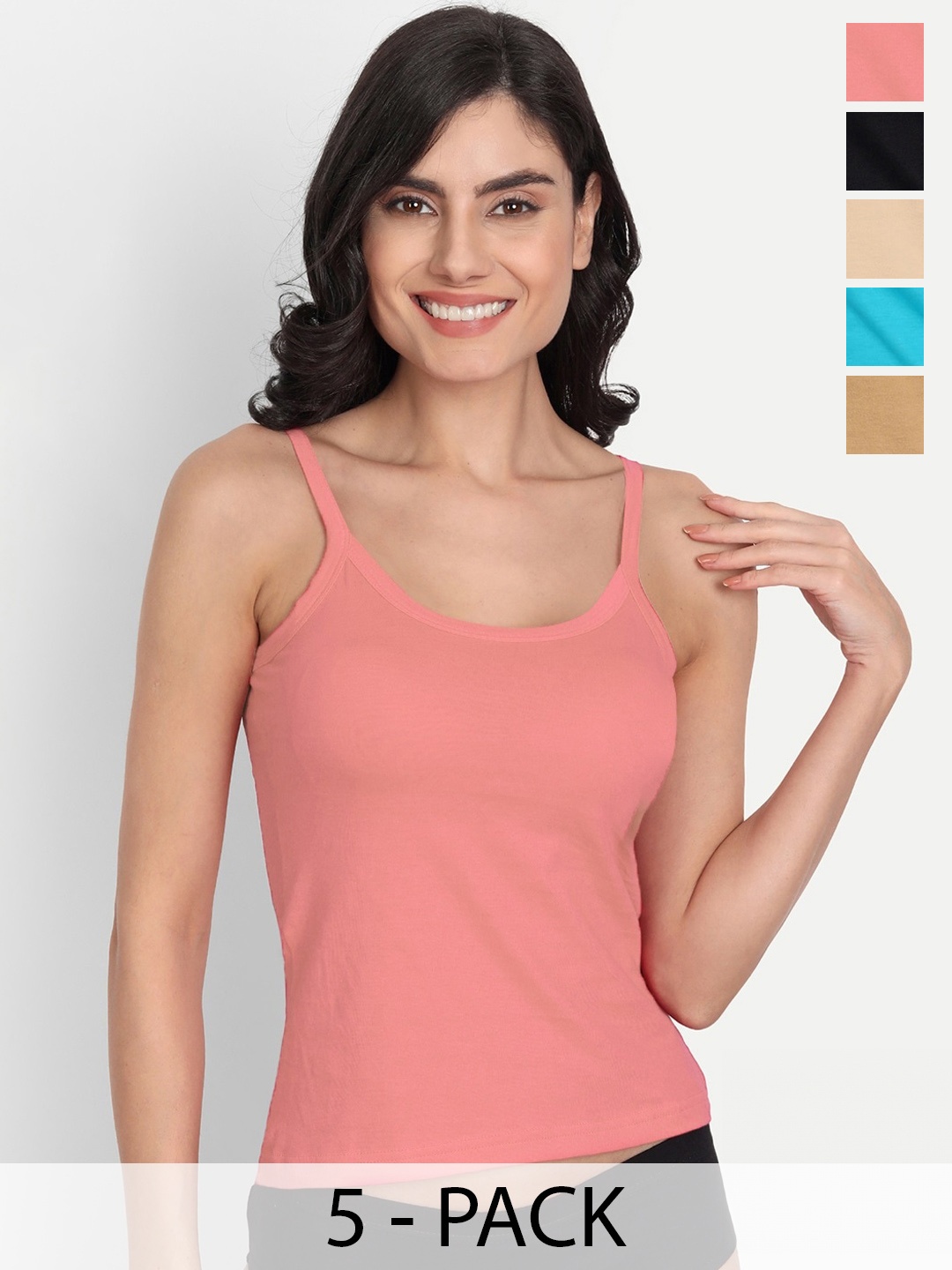 

T.T. Women Pack Of 5 Pearl Pure Cotton Label Free Camisoles, Blue