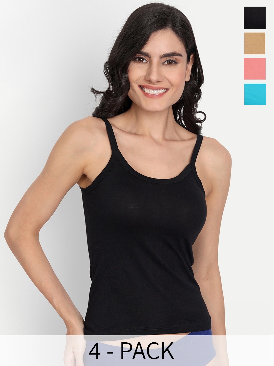 

T.T. Women Pack Of 4 Pearl Pure Cotton Non Padded Camisoles, Black