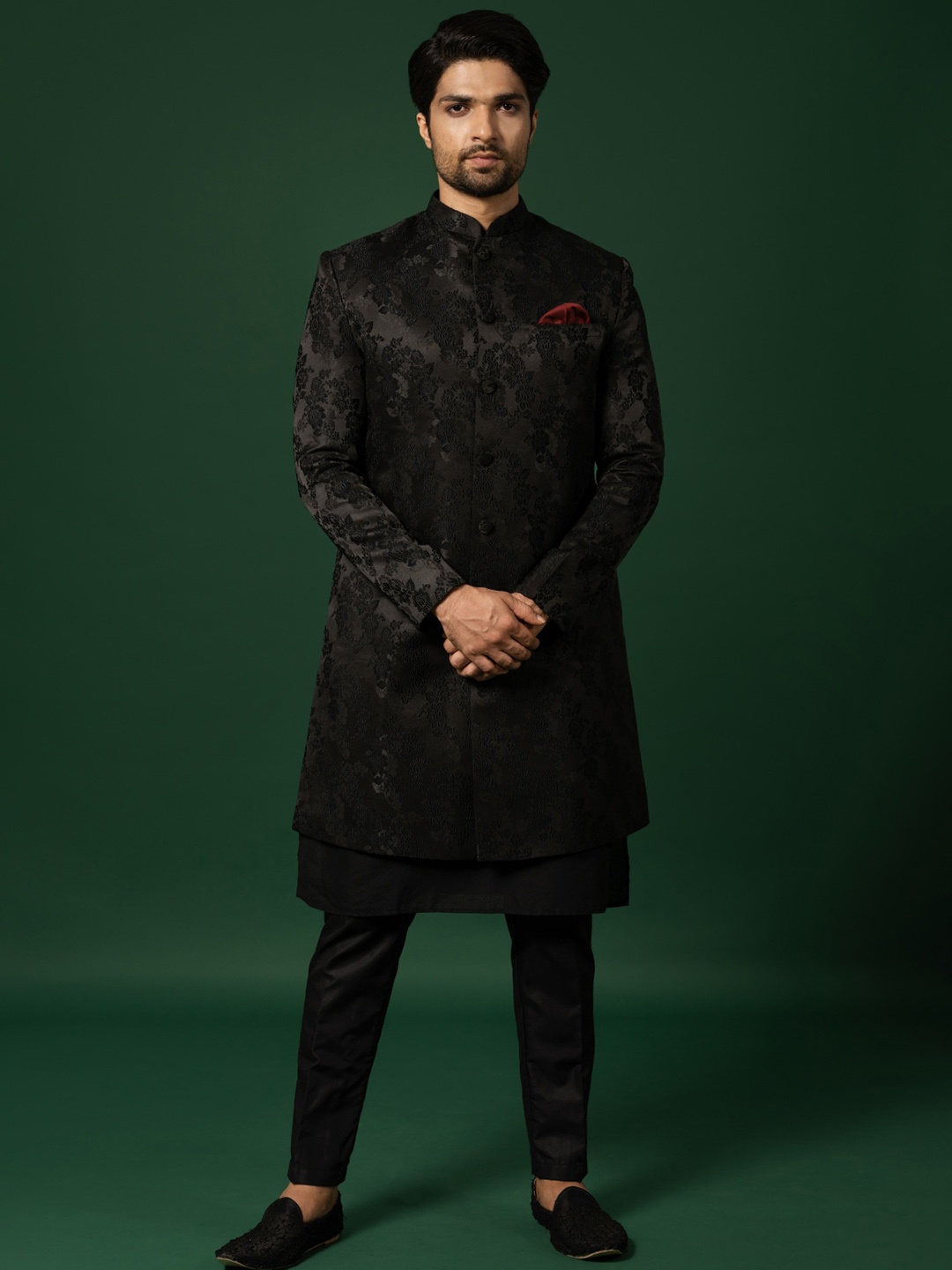 

KISAH Men Block Printed Self Design Cotton Kurta & Sherwani with Trousers Set, Black