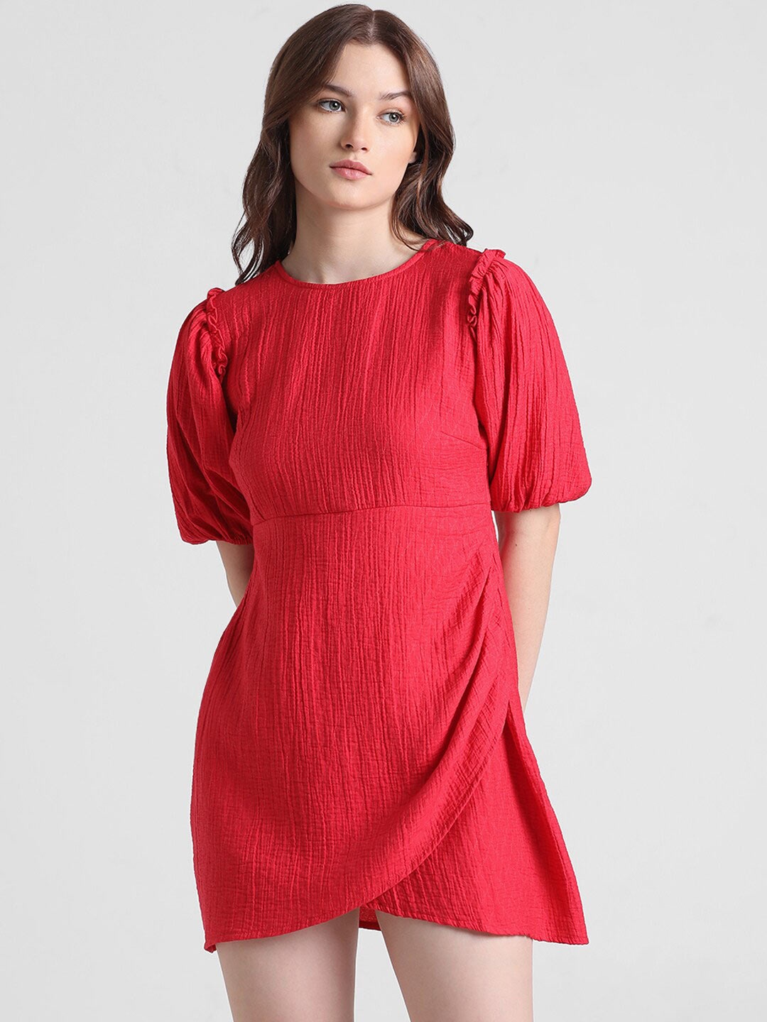 

ONLY Onlmars Self Design Puff Sleeves High Neck Layered A-Line Mini Dress, Red