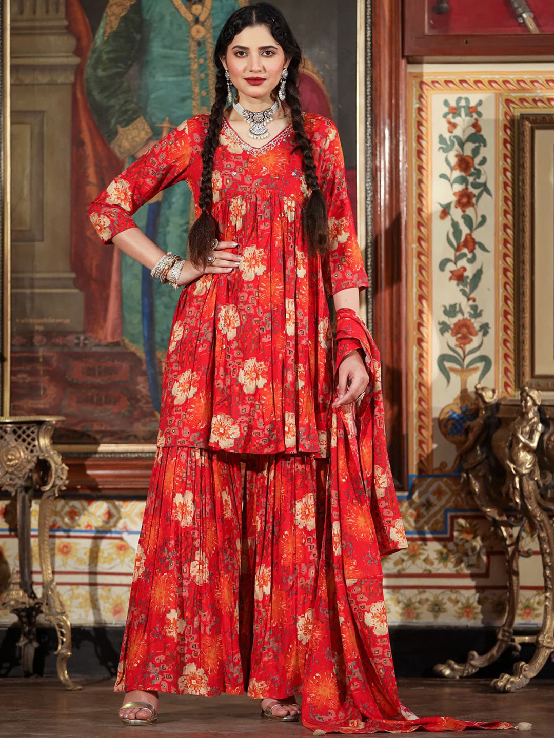 

FASHION DWAR Floral Printed V-Neck Empire A-Line Kurti With Sharara & With Dupatta, Red