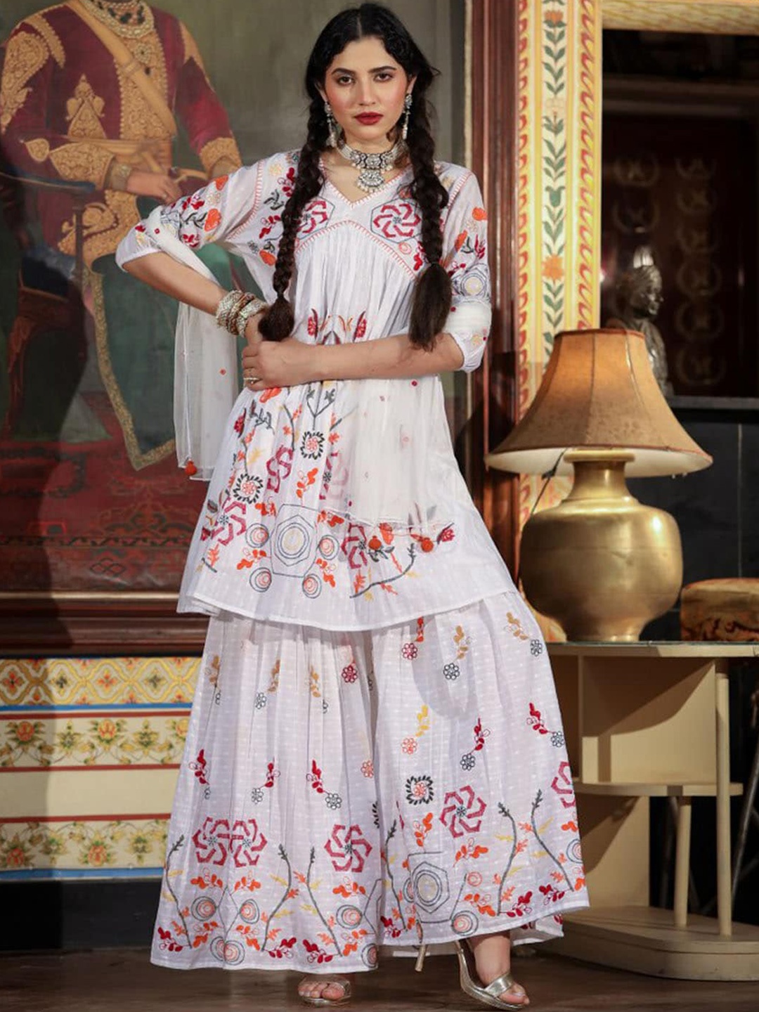 

FASHION DWAR Ethnic Motifs Embroidered Empire Pure Cotton Kurti with Sharara & Dupatta, White