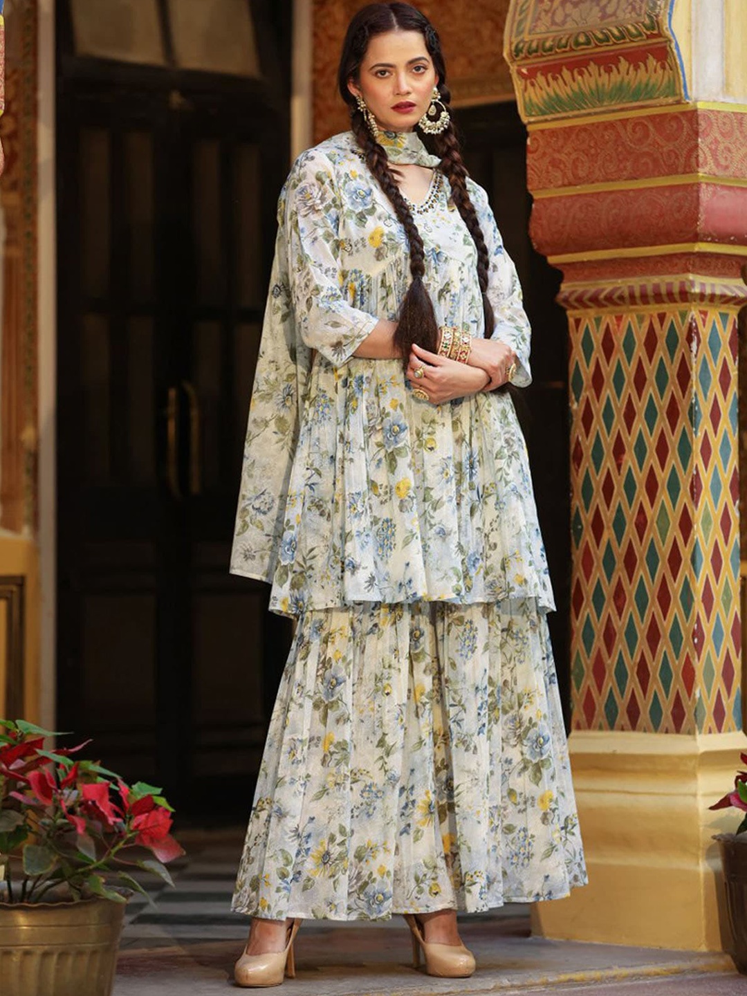 

FASHION DWAR Floral Printed V-Neck Empire A-Line Kurta With Sharara & Dupatta, White