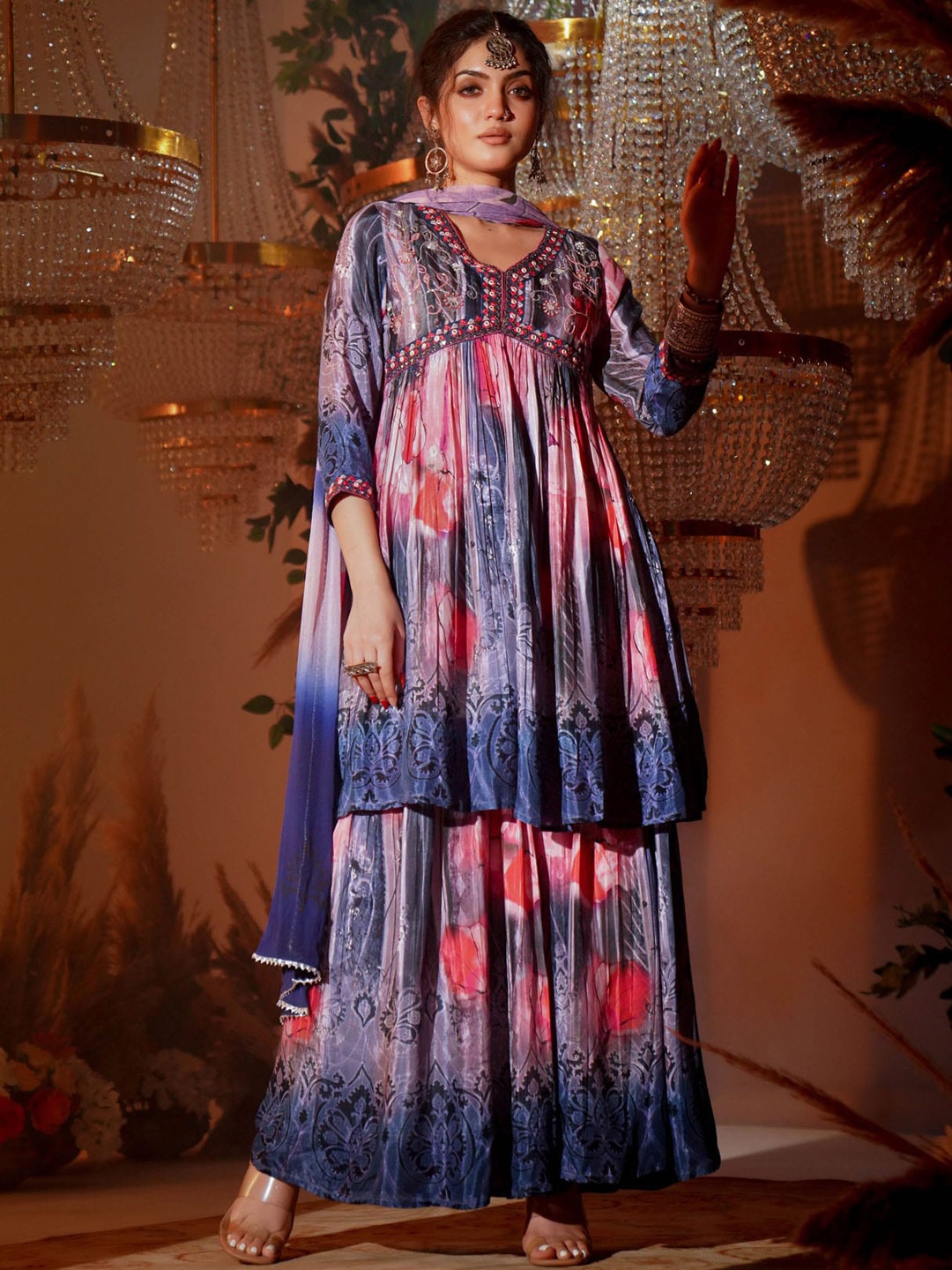 

FASHION DWAR Floral Embroidered V-Neck Chanderi Silk Kurti with Sharara & Dupatta, Blue