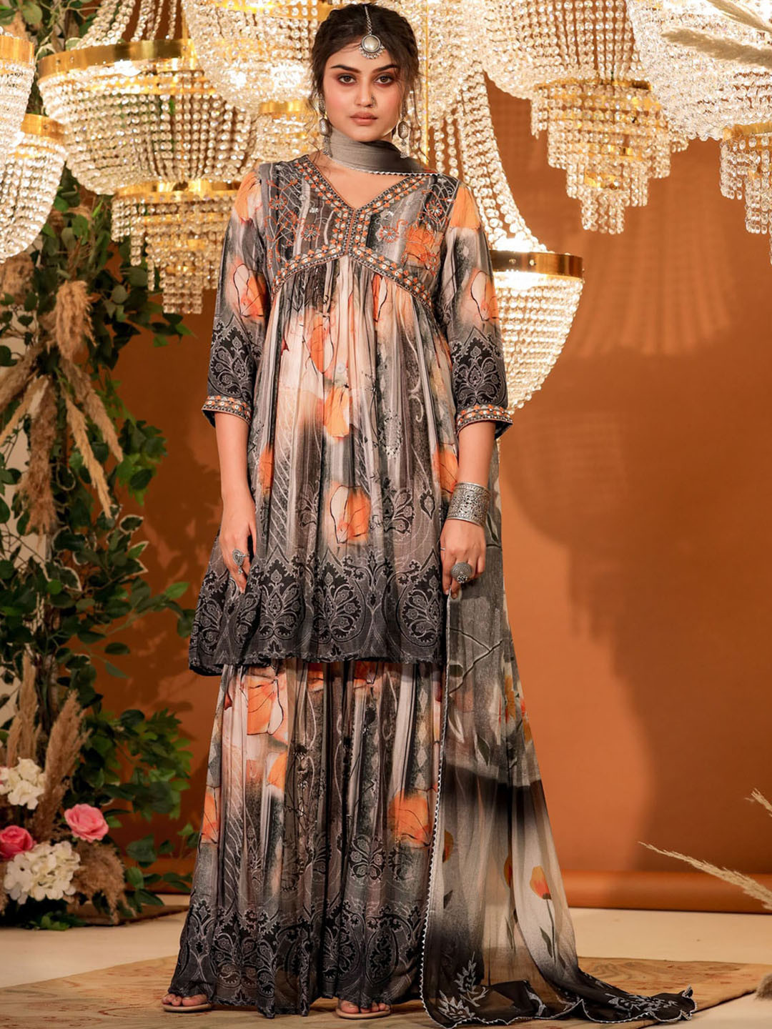 

FASHION DWAR Floral Embroidered V-Neck Chanderi Silk Kurti with Sharara & Dupatta, Black