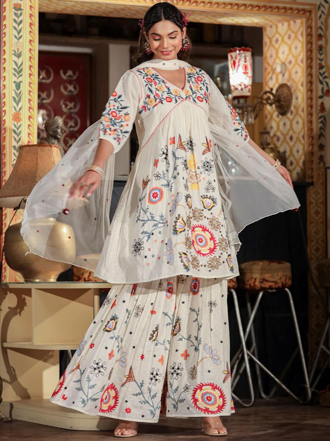 

FASHION DWAR Floral Embroidered Thread Work Pure Cotton Kurti With Sharara & Dupatta, Cream